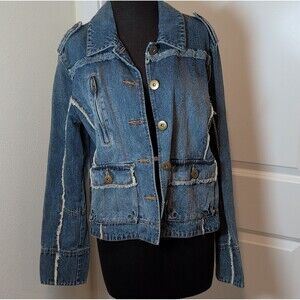 Angel Kiss Women's Blue Frayed Denim Jacket Button Front With Pockets Size XL